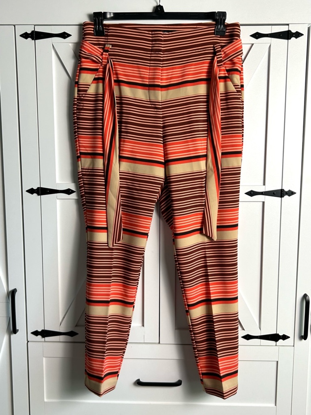 The Madie Striped Tie-Waist Straight Leg Pants in Coral, Brown & Cream